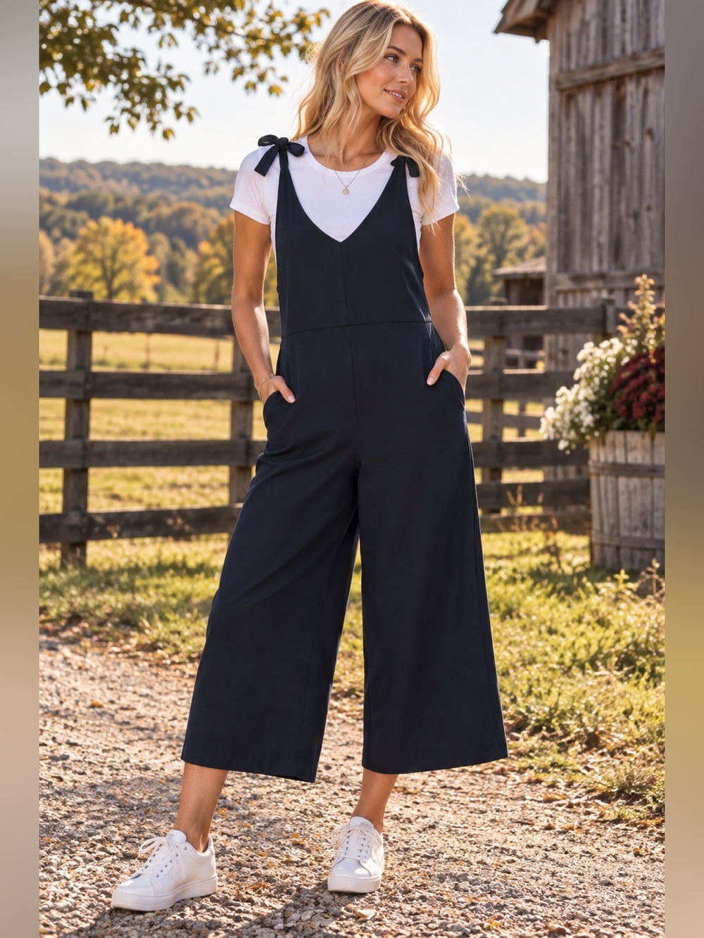 United By Blue Jumpsuit M Canvas Navy Wide Leg Cropped Tie Bib Overalls Pants